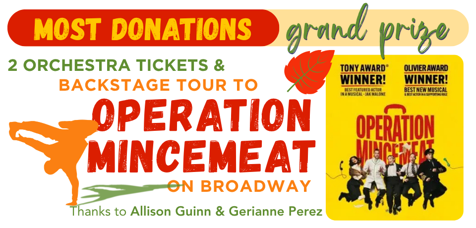 A graphic to show the Grand Prize for Most Donations, which is 2 orchestra tickets and backstage tours to Operation Mincemeat on Broadway, thanks to Allison Guinn and Gerianne Perez.